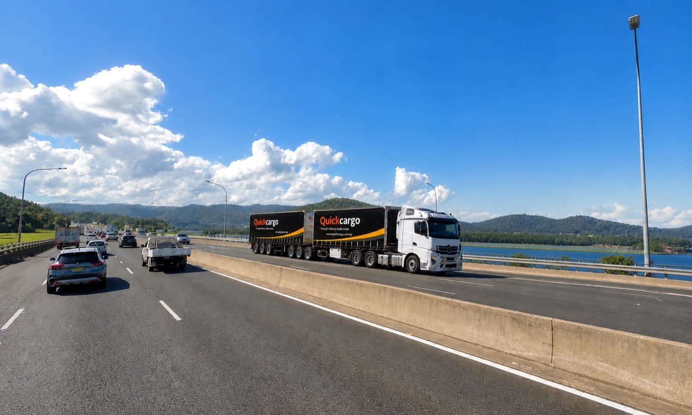 Quick Cargo branded B-double ready for a full truckload run between Brisbane and Melbourne
