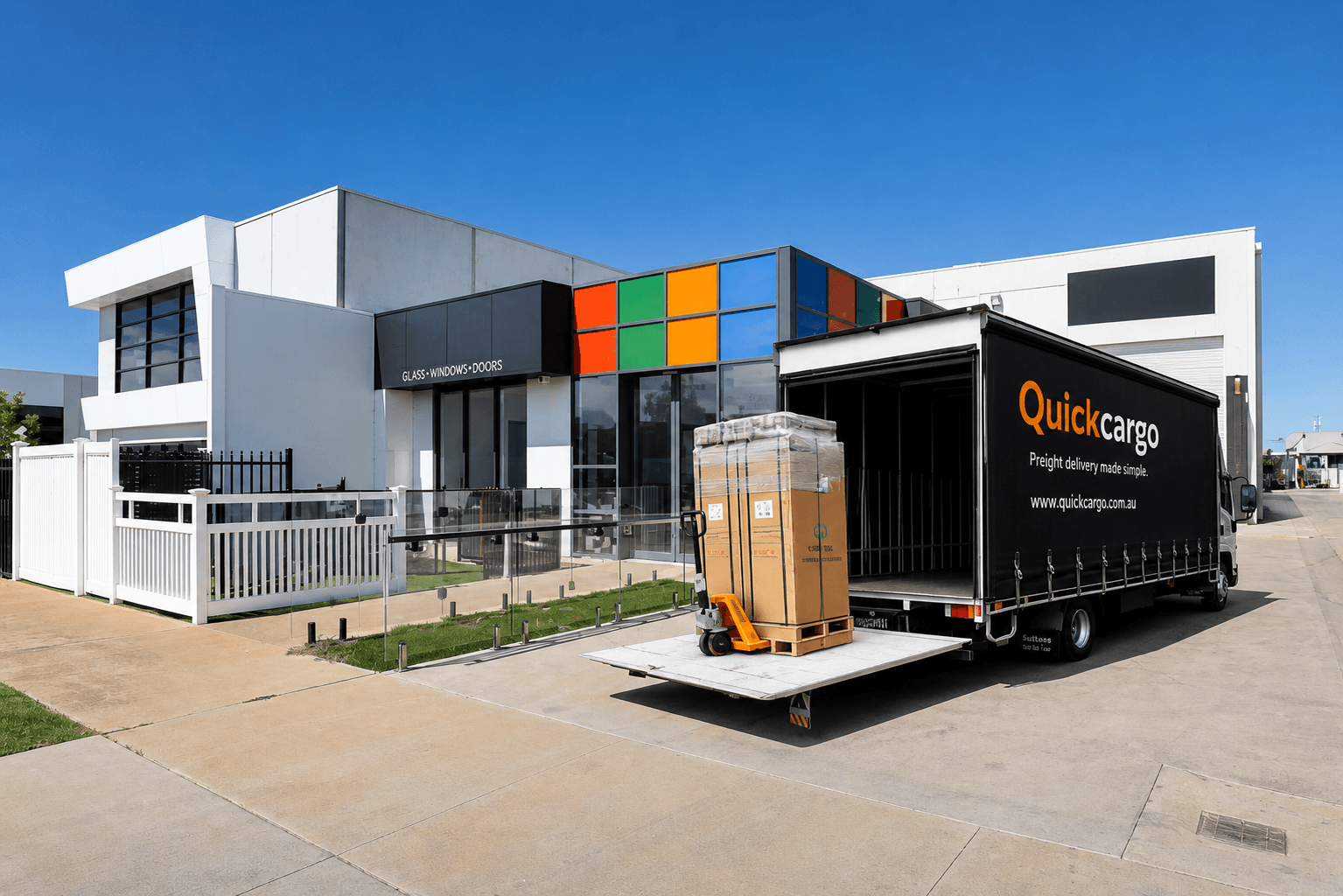 Quick Cargo branded tail-lift truck delivering a pallet to a warehouse