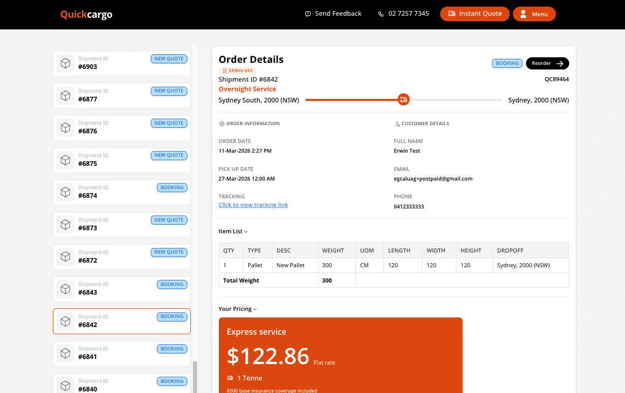 Quick Cargo business dashboard