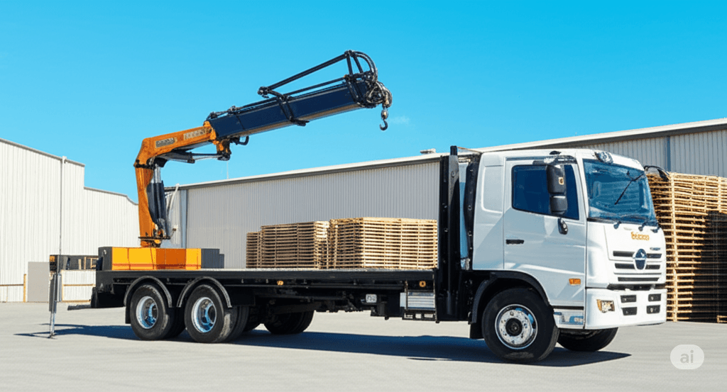 Quick Cargo HIAB crane truck delivering steel to a construction site