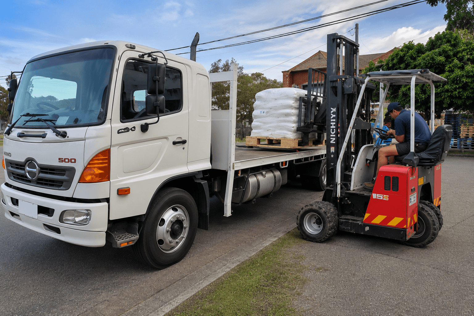 Quick Cargo Moffett truck unloading pallets on a construction site