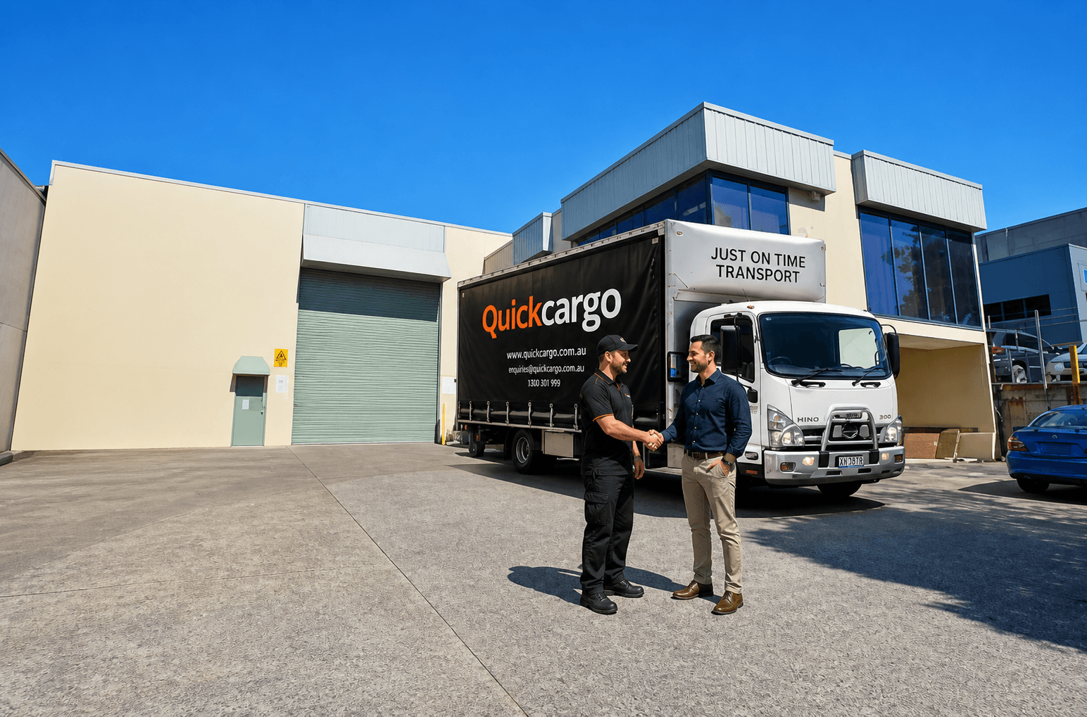 Quick Cargo driver shaking hands with a client beside a branded truck
