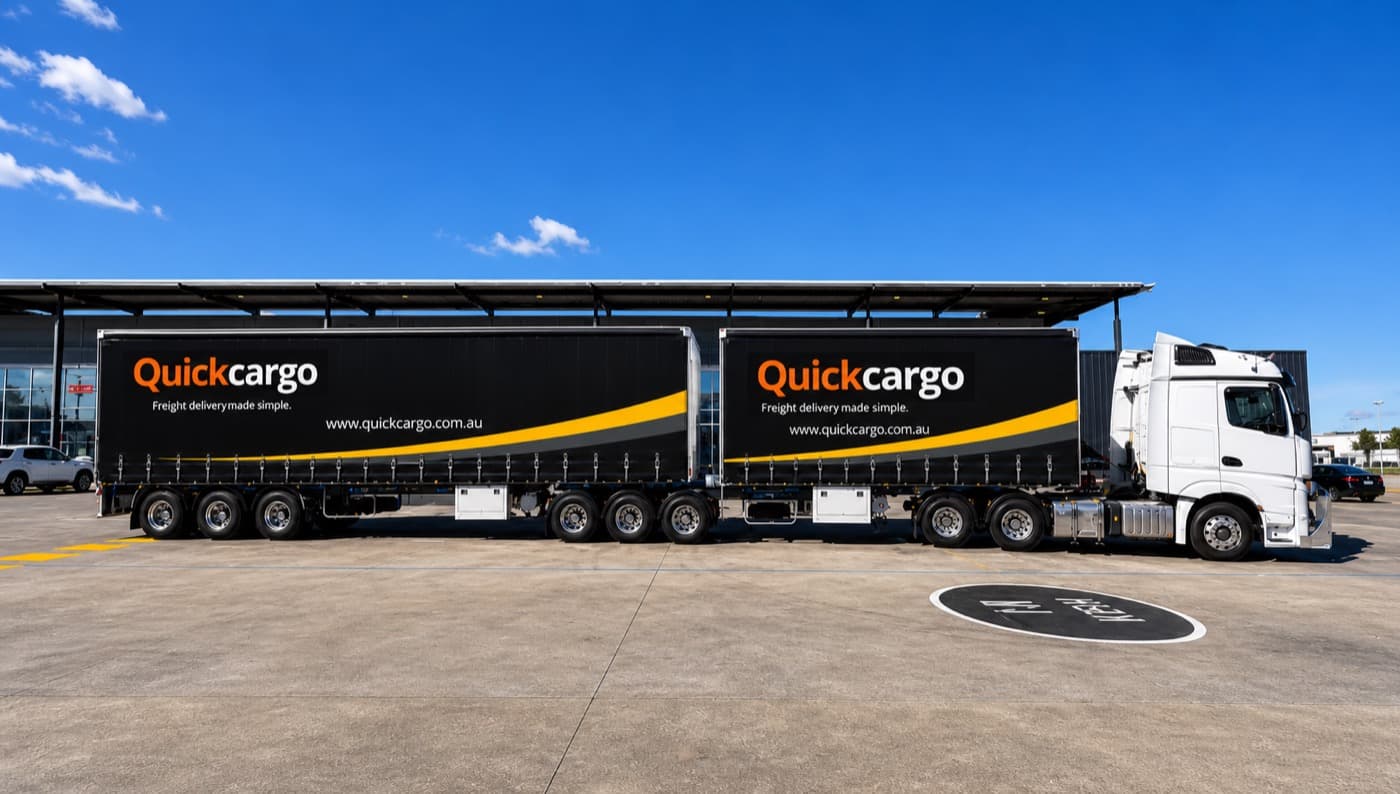 Quick Cargo branded B-double ready for a full truckload run between Sydney and Melbourne